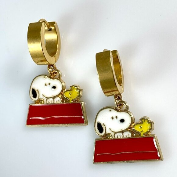 Snoopy Dog & Woodstock on Stainless Steel Huggie Hoop Earrings - Picture 1 of 9